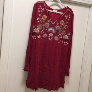 Umgee Red/burgundy Embroidered Long Sleeve Tunic/dress